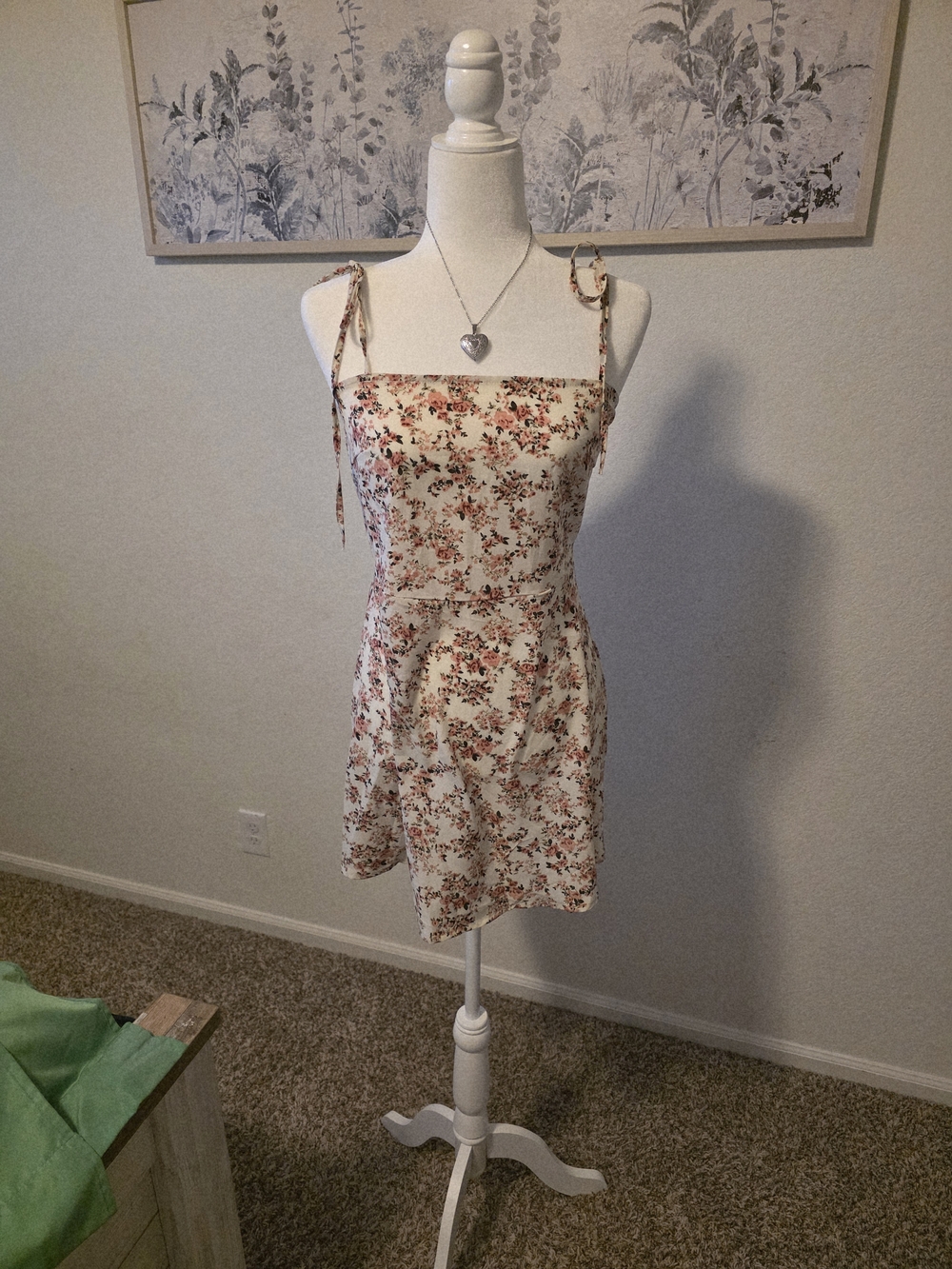 SHEIN Cream Mini Dress with Pink Floral Print and Tie Straps